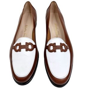 Salvatore Ferragamo Horse Bit Loafers Gancini Ornament Leather Brown White 9